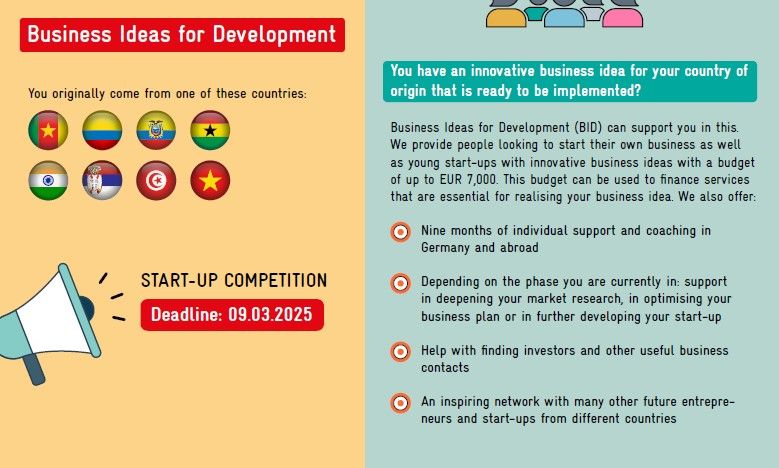 🌍 Do you live in Germany and have a migration history from Cameroon, Ghana, Tunisia (plus Colombia, Ecuador, India, Serbia or Vietnam)? 
 
💡 Do you have an innovative business idea for your country of origin? Do you want to innovate for impact and make a valuable contribution