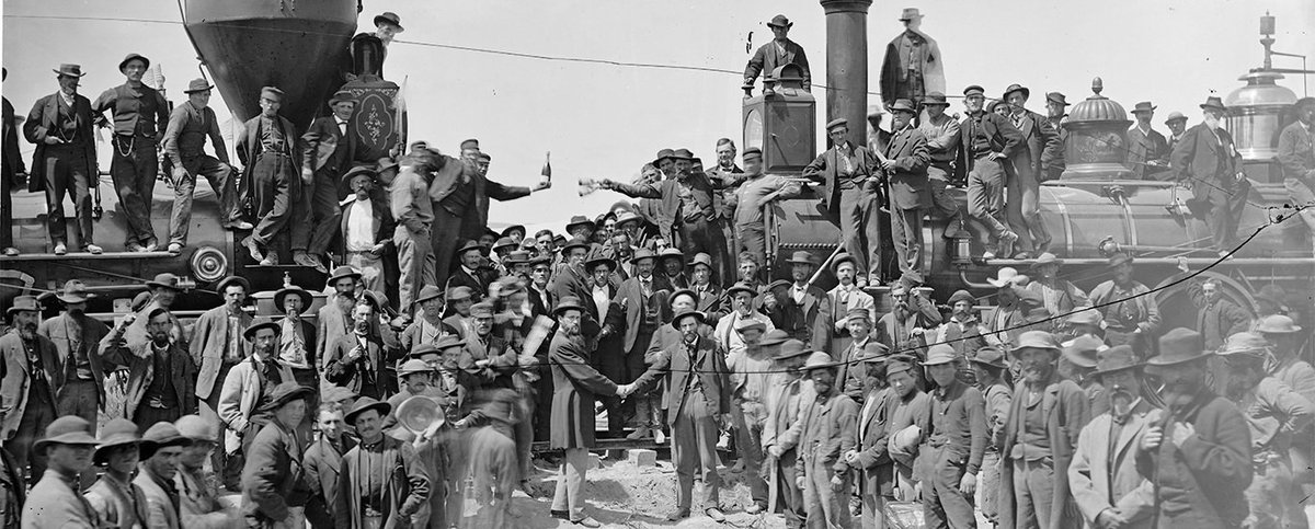 LiveasRx's tweet photo. Utah, May 10, 1869. Central Pacific Jupiter and Union Pacific No. 119. Photo by Andrew J. Russell (1830–1902) https://t.co/m08yhaTIBa