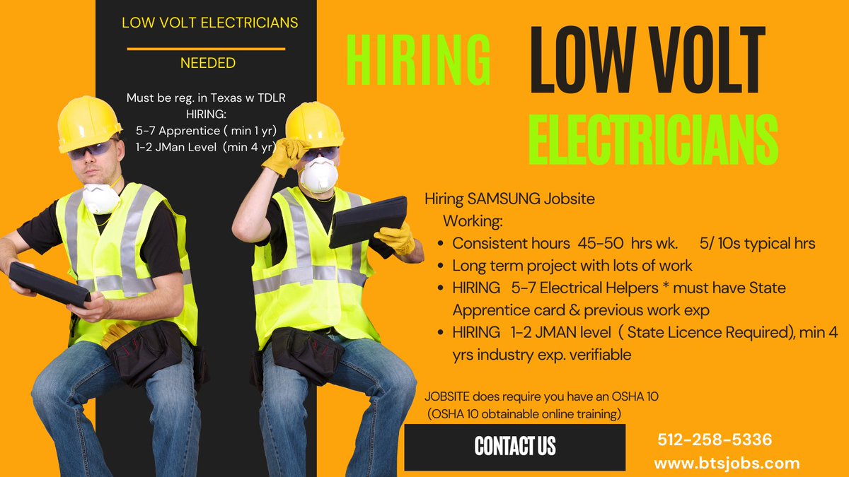 BTSJobsAustin's tweet photo. Building Team Solutions  AUSTIN is #hiring  #lowvolt installers.  5-7 Apprentices needed (  Must have 1 yr exp and be licensed ELECTRICAL APPRENTICE)  also #hiring 1-2  #jman ELECTRICIANs  for  #samsungplantTX - call today 512-258 5 three 36 https://t.co/pwyVvr6FL4