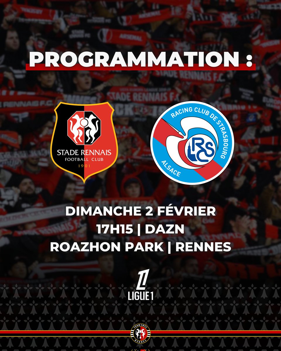 team_srfc's tweet photo. #ProgrammationTV
🗓 Les programmations des 20ème et 21ème journées de @Ligue1 sont connues !
Réception de Strasbourg le dimanche 2 février à 17h15 au #RoazhonPark pour le compte de la 20ème journée. 🏡 https://t.co/95u9GLY3p2