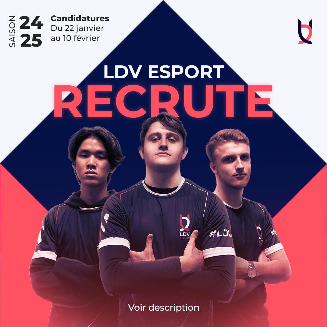 🚀[#LDVRecrute] !  

Le second semestre commence et #LDVEsport recrute ! 

🎮 Joueurs : LoL, Valorant, TFT, Rocket League, OW2
 📷 Staff : Com, Design, WebTV, Events, Esport (Coach, Manager...)   

➡️ Inscris-toi : forms.gle/dBjRSqyJtyeGSc…
⏰ Clôture : 10 février !

#RejoinsNous