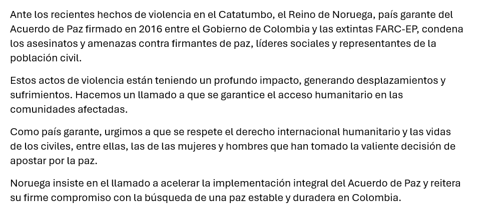 NoruegaenCOL's tweet photo. Declaración de Noruega ante la situación en el Catatumbo: https://t.co/TGnknrhfh6
