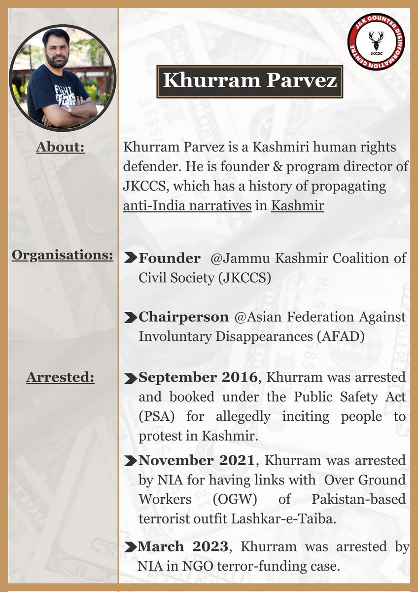 JKCDC_'s tweet photo. #Claim2: Kashmiri human rights defender Khurram Parvez has been jailed since November 2021 under the UAPA, India’s draconian counter terrorism law.

#Fact: Khurram is the founder of JKCCS and according to NIA investigation; JKCCS was funding terror activities

4/n https://t.co/LdV4KDkbxk