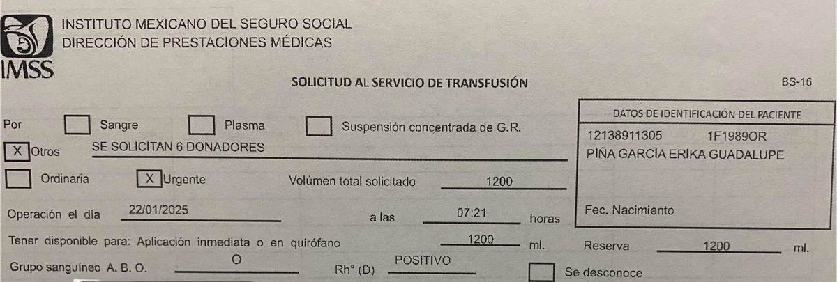 Urgen 6 donadores de sangre 🩸 O+ en la clínica 48 León, Gto. para entrar a cirugía, quien pueda apoyar, presentarse en la clínica y dar el nombre completo y número de IMSS que viene el recuadro de la hoja. 
ES URGENTE. 🚨 

Si no puedes donar, ayúdame a compartir. 🙏🏻