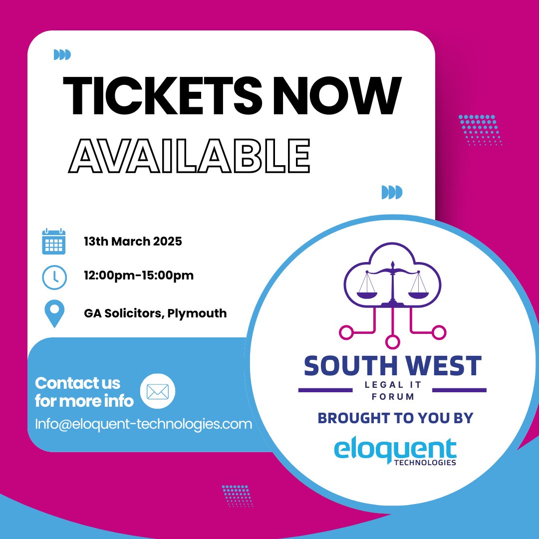 🎉 Exciting News! 🎉

We are happy to announce that the South West Legal IT Forum, chaired by Steve Turner, will be held at GA Solicitors, Plymouth on 13th March 2025!

🔗Register today - eventbrite.co.uk/e/114428845055…