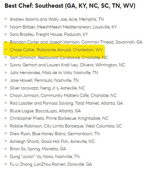 chefkdjones's tweet photo. ANOTHA ONE

James Beard named Chef Chase Collier of Charleston Ristorante Abruzzi a semifinalist for best chef southeast. 

People are paying attention to WV. https://t.co/fgOAQSKISu