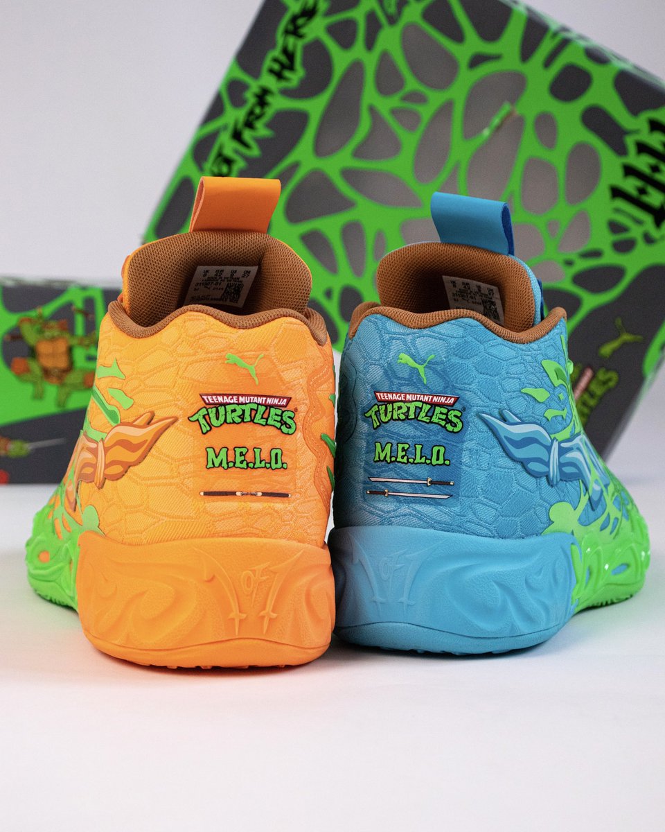 Each LaMelo PUMA shoe comes personalized to the Teenage Mutant Ninja Turtles highlighting their signature colors and weapons ⚔️🐢