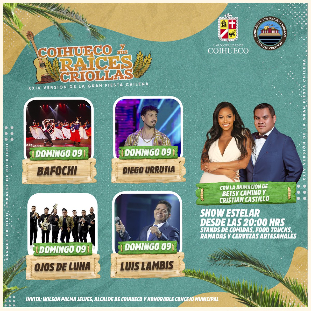 Los esperamos el viernes 7, sábado 8 y domingo 9 de febrero en el Parque  Criollo Municipal con grandes artistas, además de stands de comidas, foodtrucks, cervezas artesanales y demostraciones típicas chilenas.