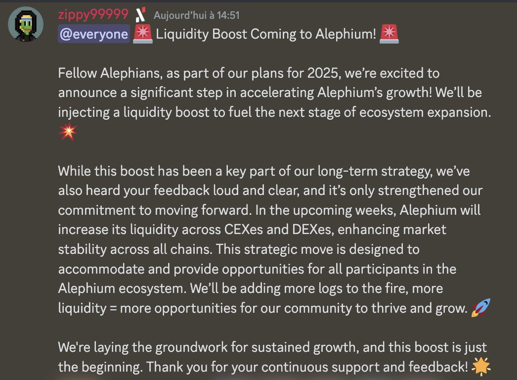 🚨 Un Coup de Pouce en Liquidité Arrive sur <a href="/alephium/">Alephium</a>  ! 🚨

"Chers Alephians, dans le cadre de nos plans pour 2025, nous sommes ravis d’annoncer une étape significative pour accélérer la croissance d’Alephium ! Nous allons injecter un boost de liquidité pour alimenter la
