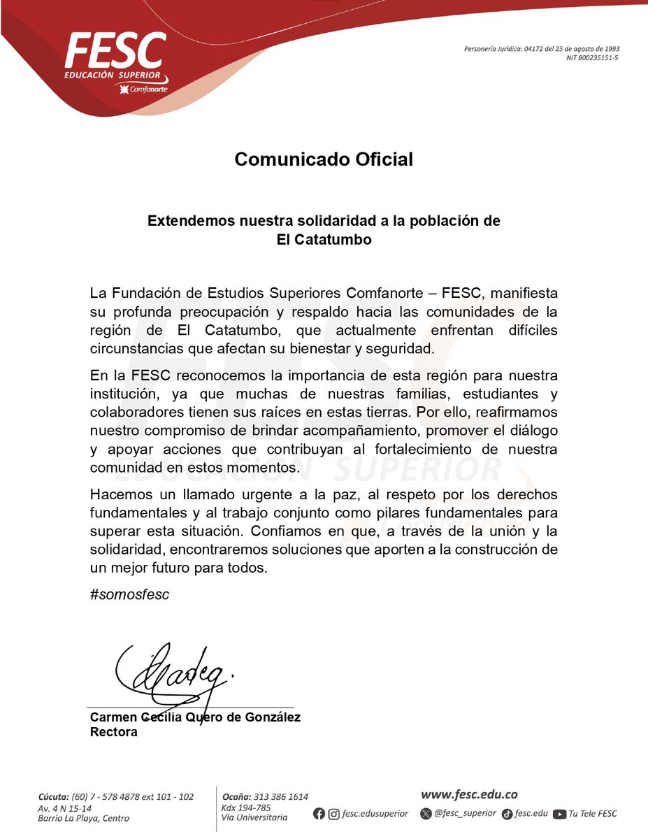 La FESC se solidariza con toda la comunidad del Catatumbo #somosfesc