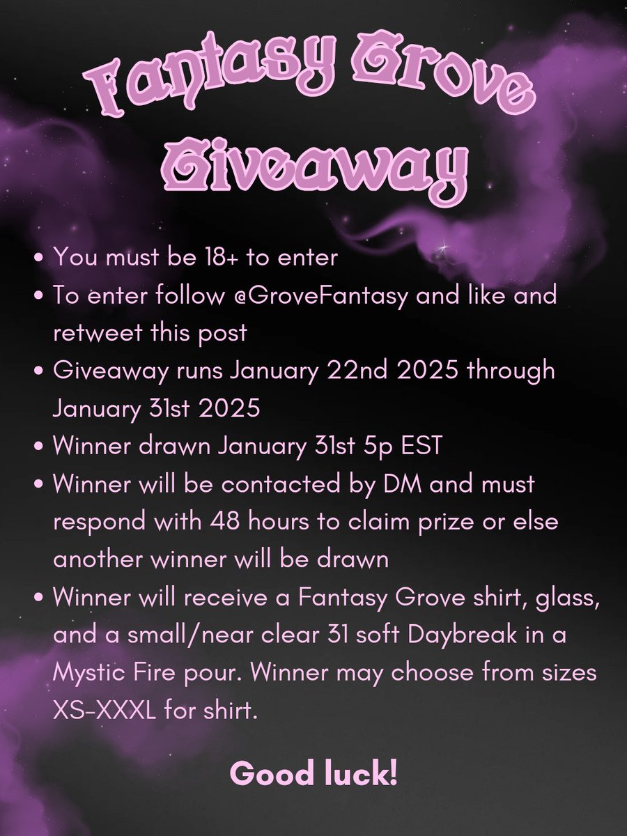Try your luck to win one of our most popular models and some Fantasy Grove merch! 

Win a small/near clear soft Daybreak, along with a T-shirt and glass. Merch items are currently only available in giveaways or promotions and are not yet for sale!