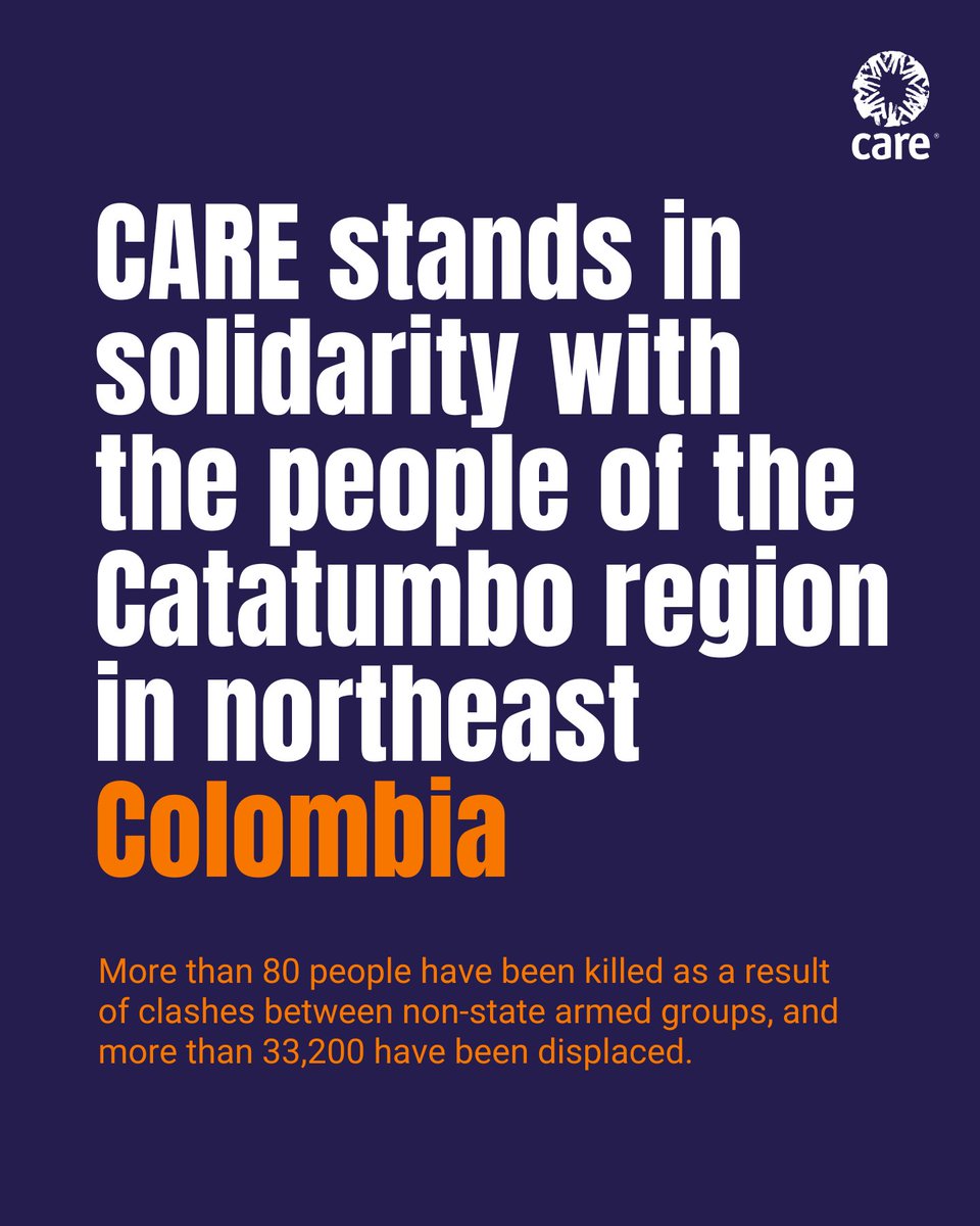 CARE's tweet photo. Northeast #Colombia: As a humanitarian organization working in this region, CARE urgently calls for an immediate cessation of violence. 

https://t.co/UdcySbEXt3 https://t.co/G77LeGz3qa