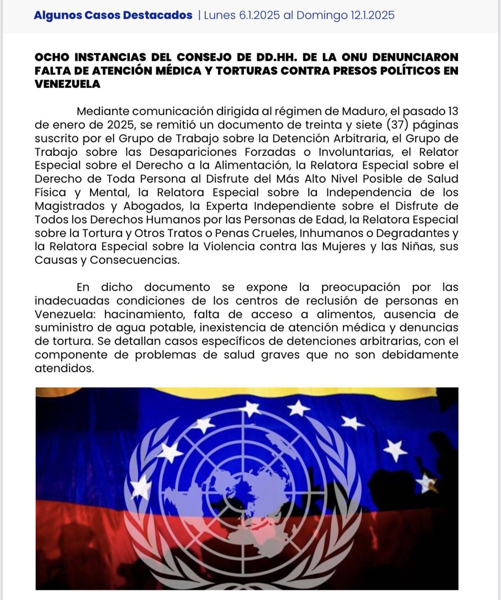 ConVzlaComando's tweet photo. 🔵BOLETÍN SEMANAL POLÍTICO Y DE DDHH #11‼️

Resumen semanal sobre violaciones a los DDHH en Venezuela y editorial político sobre tratos crueles a familiares de presos políticos. 

¡COMPARTE Y DIFUNDE! https://t.co/tvE8kO5R8D