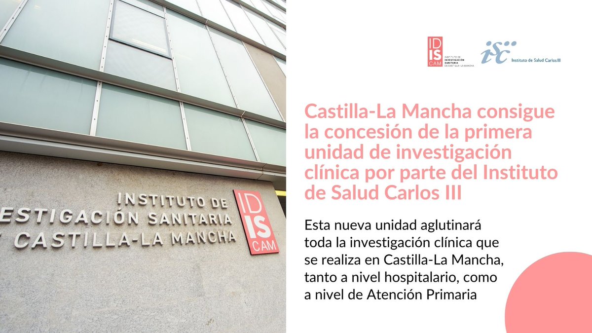 IDISCAM (@idiscam) on Twitter photo ¡Gran noticia para la investigación en Castilla-La Mancha!
El <a href="/SaludISCIII/">Instituto de Salud Carlos III (ISCIII)</a> ha otorgado a nuestra región su primera unidad de investigación clínica. 👩🔬👨🔬 Un paso más en salud e innovación. ¡Estamos más cerca de transformar la asistencia sanitaria! 💡
🔗 idiscam.es/castilla-la-ma… ¡Gran noticia para la investigación en Castilla-La Mancha!
El <a href="/SaludISCIII/">Instituto de Salud Carlos III (ISCIII)</a> ha otorgado a nuestra región su primera unidad de investigación clínica. 👩🔬👨🔬 Un paso más en salud e innovación. ¡Estamos más cerca de transformar la asistencia sanitaria! 💡
🔗 idiscam.es/castilla-la-ma…