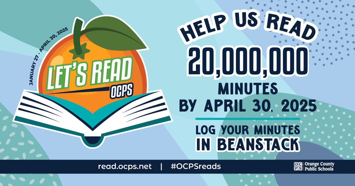 The Let's Read OCPS reading challenge kicks off next week on Jan. 27!  🎉 Help our schools reach the district goal of 20 MILLION MINUTES of reading by April 30. Just log your minutes in Beanstack and join in the adventure!  Learn more at read.ocps.net. #OCPSReads