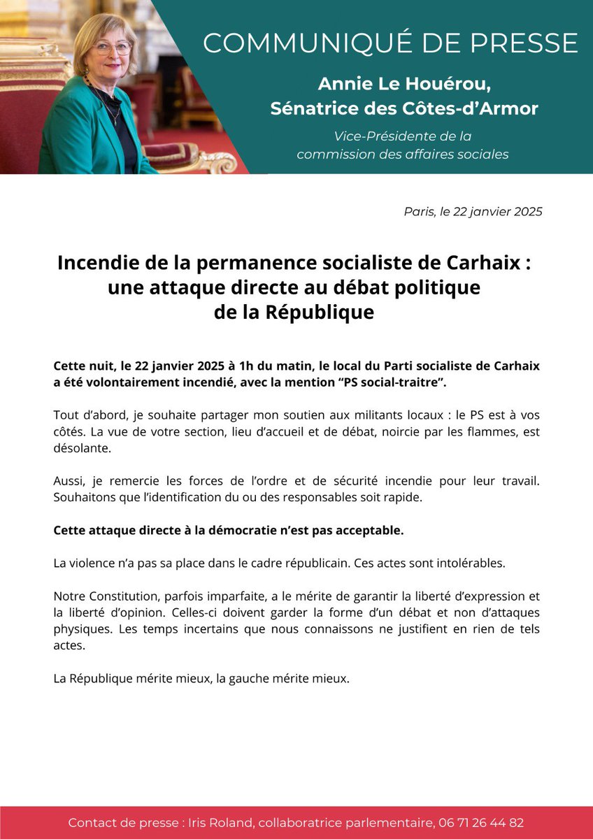 LeHouerouA's tweet photo. L’incendie volontaire de la permanence de #Carhaix est intolérable. 

Tout mon soutien aux militants, je suis à vos côtés pour défendre la démocratie et le débat contre les violences stériles et contraires à nos valeurs de gauche. 

Ma réaction ⬇️ https://t.co/vfPUuZ8IW2