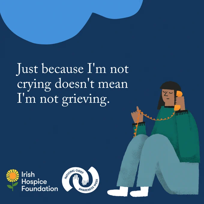 An illustration of a woman on the phone, and the words "just because I'm not crying doesn't mean I'm not grieving".
