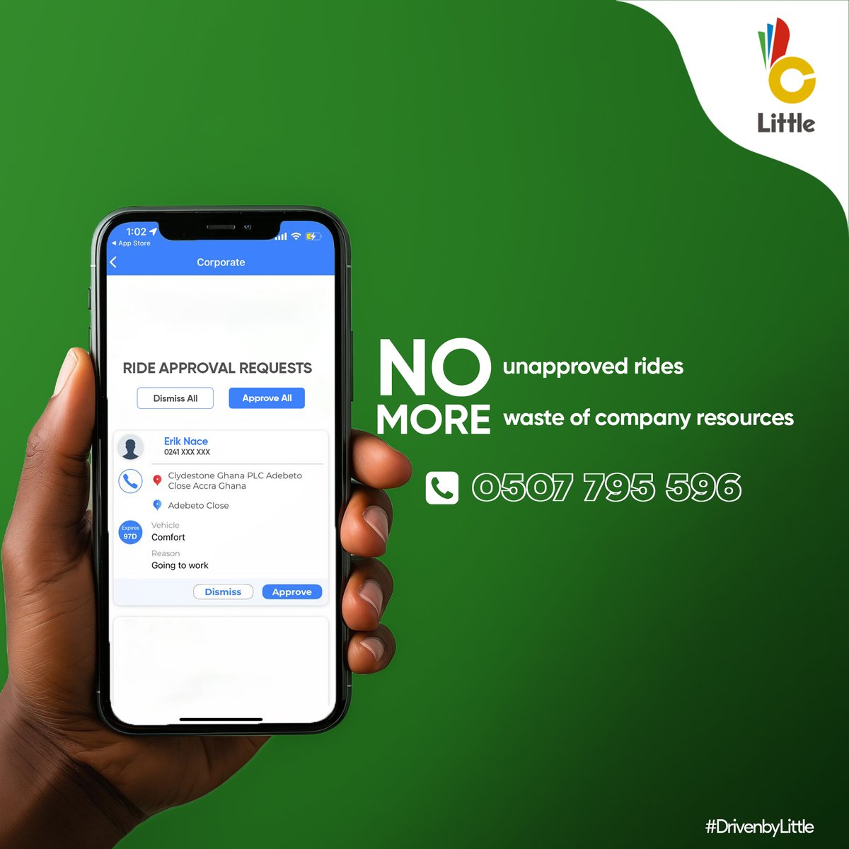 LittleGhana22's tweet image. The road to better transport management lies here. Streamline ride approvals with ease - You can assign primary and secondary approvers for flexibility and efficiency. When your company is #DrivenByLittle, control is always in your hands👌🏾.

#BusinessControls #CorporateTransport