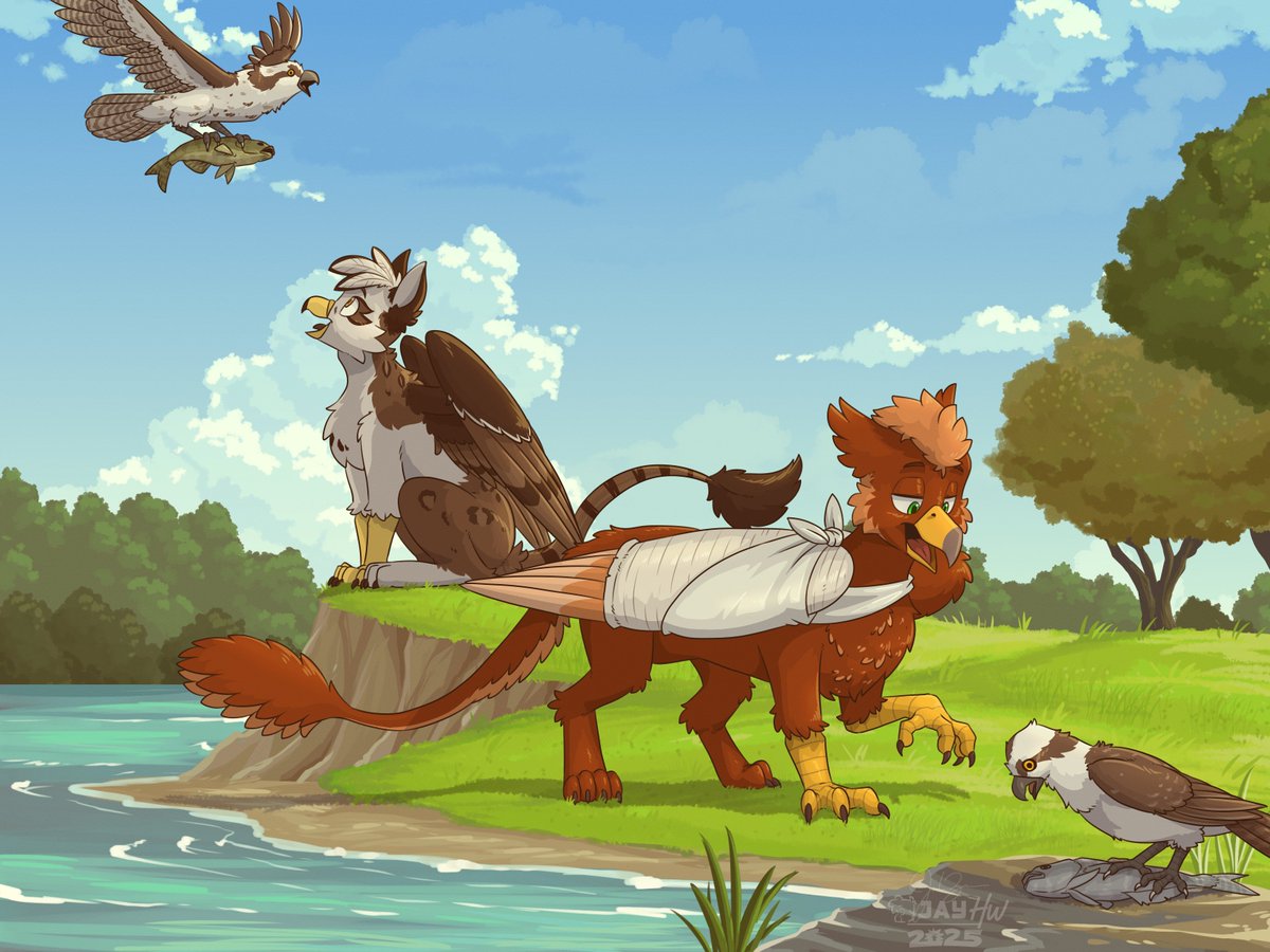 "Osprey-Watching"

Ospreay and Pavlos amazed by these fish-loving birds that look surprisingly like one of them. Act kinda like one of them too...

Comm done for <a href="/the_shrimp_lord/">Pavlos 🦅🇵🇸🇱🇧🇾🇪🇮🇷theshrimplord.bsky.social</a> and <a href="/OspreayGryphon/">Ospreay ミサゴ</a> 

- art 2025