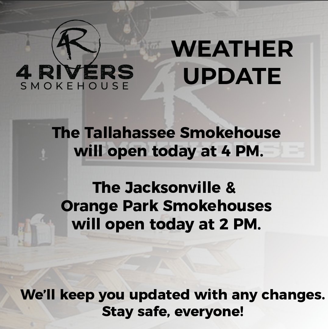 Due to the weather, we will have adjusted hours for the following Smokehouses. 🌨️ 

Stay safe, and thank you for your understanding!

#peacelove4r