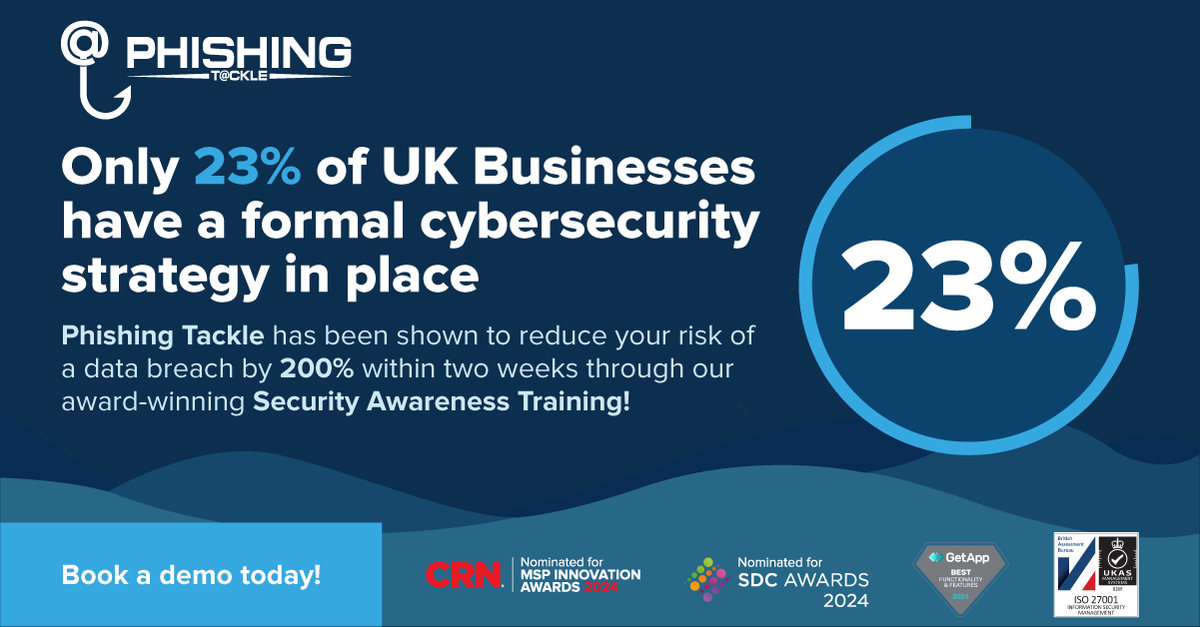 phishingtackle's tweet photo. With Phishing Tackle's award-winning Security Awareness Training, you can test and train your users to spot potential malicious emails before they can take effect! 🛡️

🔷https://t.co/cf3PL0rFty🔷

#PhishingTackle #Cybersecurity #SecurityAwarenessTraining #Databreach https://t.co/fL4Ram2fza