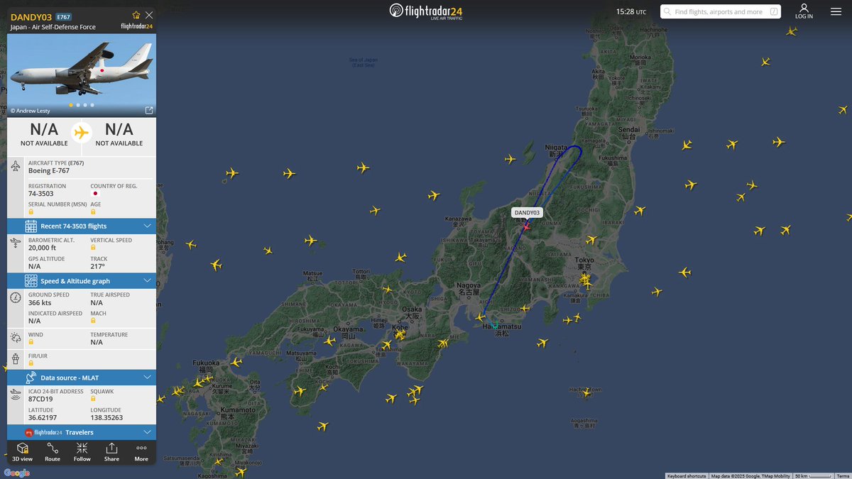 AIYeyENGDdJkjTr's tweet photo. Jan. 23, 2025
#JASDF Hamamatsu Base ==>
#DANDY03 #87CD19 JASDF E-767 AEW&C
There has already been one sortie during the daytime, but this is quite unusual as it is being sortie again at night. https://t.co/Y8hFfcd1vA