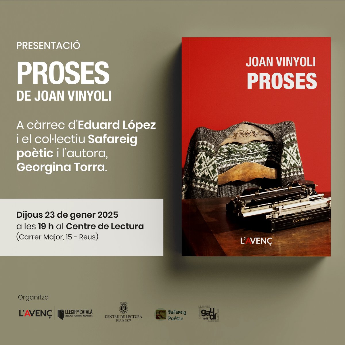 📯 ATENCIÓ, REUS!

Demà venim a presentar les PROSES de Joan Vinyoli amb la seva editora <a href="/Gina4224/">Georgina</a> i <a href="/antiartistes/">Eduard López Mercadé</a> #SafareigPoètic

Al <a href="/centredelectura/">Centre de Lectura</a> a les 19h!

Hi sou tots convidats!

<a href="/GaudiLlibreria/">Llibreria Gaudí</a> <a href="/llegirencatala/">Llegir en Català</a> @reuscultura <a href="/RadioReus/">CadenaSER Tarragona - Ràdio Reus</a>