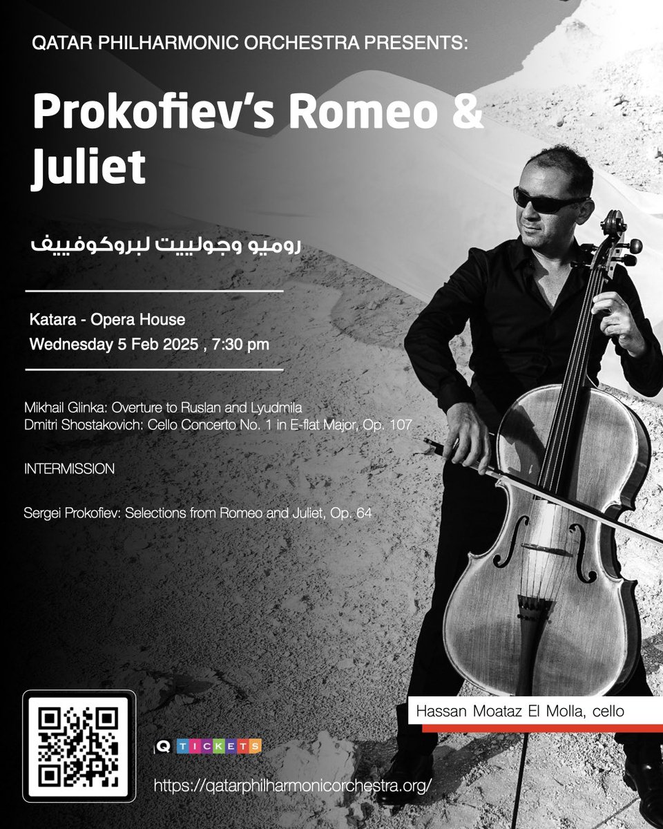 Join the Qatar Philharmonic Orchestra for a captivating evening of classical music, led by conductor Elias Grandy and featuring  Hassan Moataz El Molla on cello.

Tickets available: 
التذاكر متوفرة على
events.q-tickets.com/qatar/eventdet…