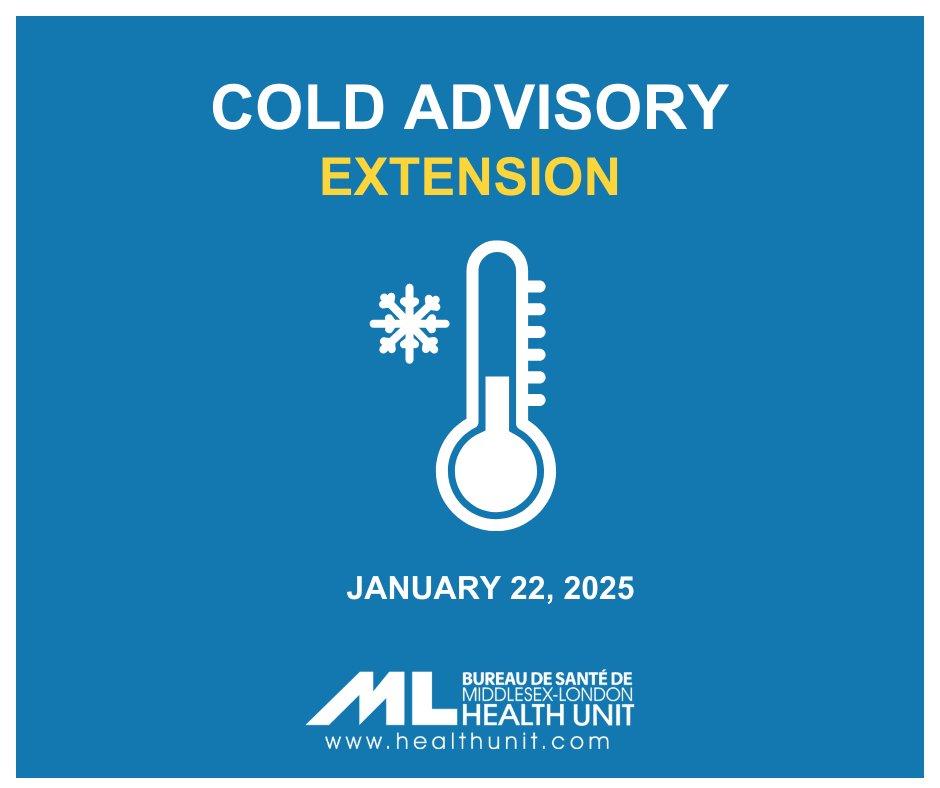MLHealthUnit's tweet image. ❄️The frigid temperatures continue ❄️

The Health Unit has issued a Cold Alert Extension today, Wednesday, January 22nd extending into Thursday, January 23rd. Wind chill values are expected to reach -22°C in the early hours of Thursday morning and potentially reaching…