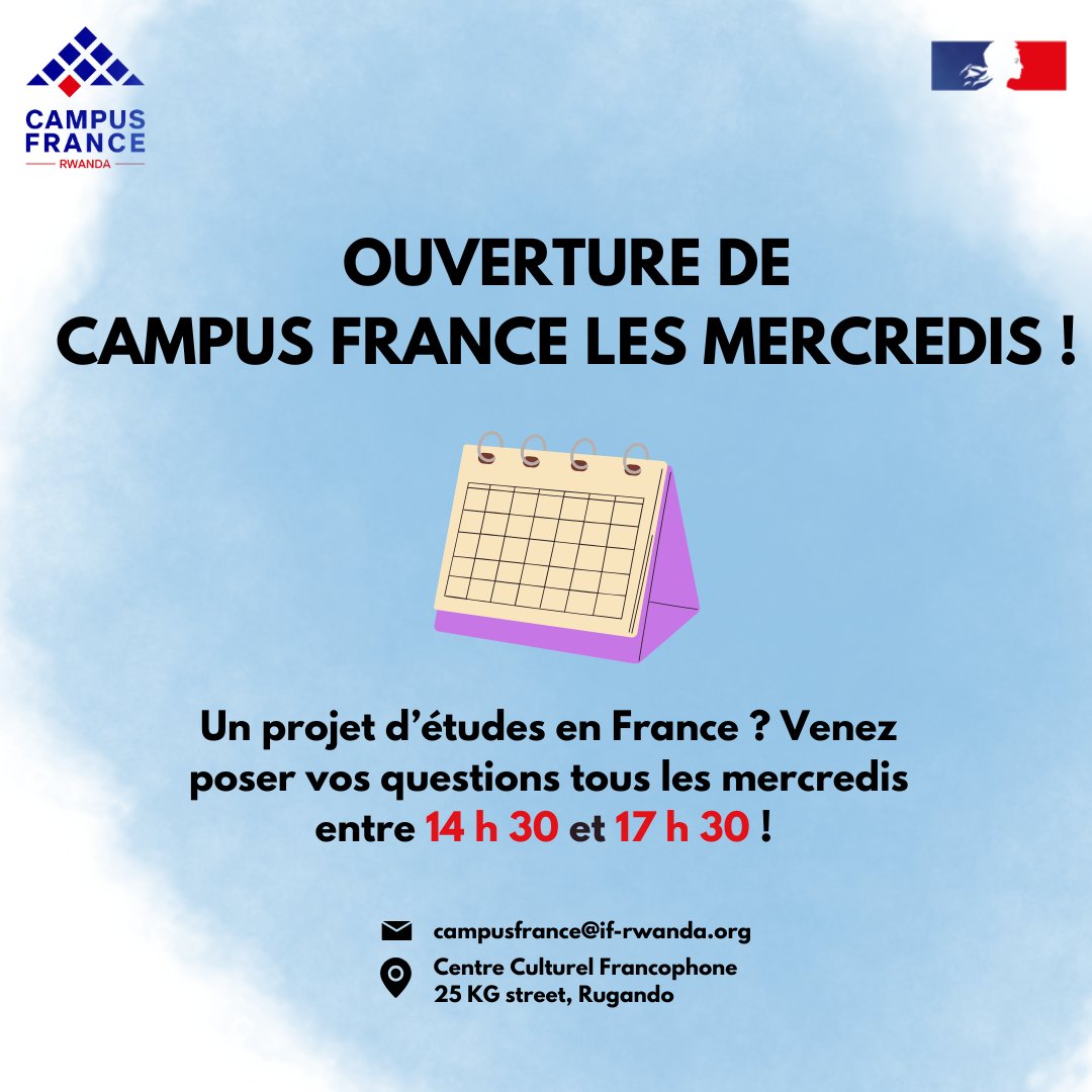 Bonne nouvelle pour les futurs étudiants ! ✨

Nous vous accueillons désormais les mercredis après-midi, en plus des mardis et jeudis, de 14h30 à 17h30 au Centre Culturel Francophone de Kigali. 

👉 Un projet d'études en France ? Venez nous rencontrer ! 🌍✨

#ÉtudesEnFrance