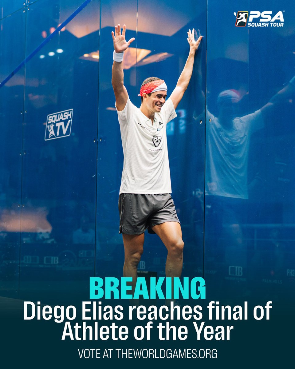 PSASquashTour's tweet photo. World champion @diegoelias96 is into the final for the @TheWorldGames Athlete of the Year! 🙌

Vote for Diego by tapping the link below 🗳️👇

https://t.co/zsIj3eSexq https://t.co/ga6NV0nnPJ