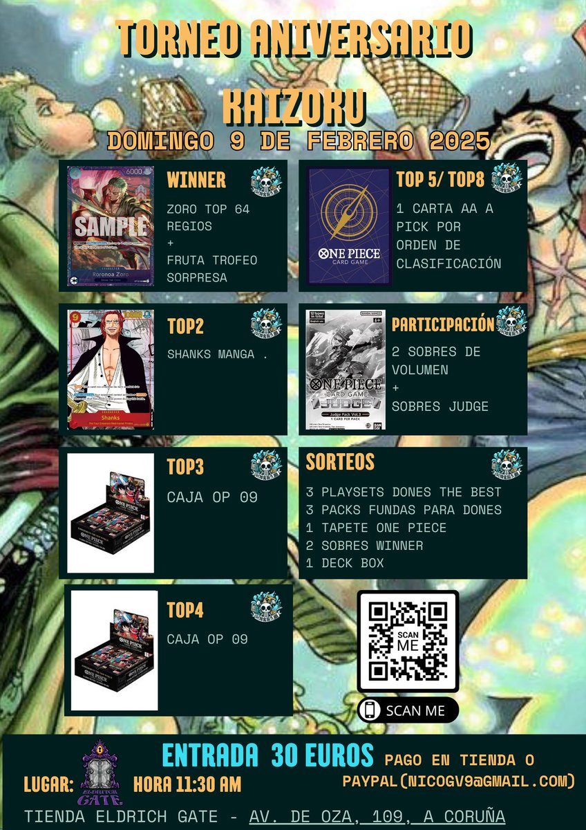 Cada vez menos días para nuestro cumple . Y cada vez menos plazas para este TORNEAZO de #onepiecetcg. 
Os dejamos por aquí el link de la reserva de plaza .

form.jotform.com/250066891005352
<a href="/OnePieceTCG_SP/">One Piece TCG Spain</a>  <a href="/EldritchGate/">Eldritch Gate</a>  <a href="/AstoraComics/">Astora Cómics</a>