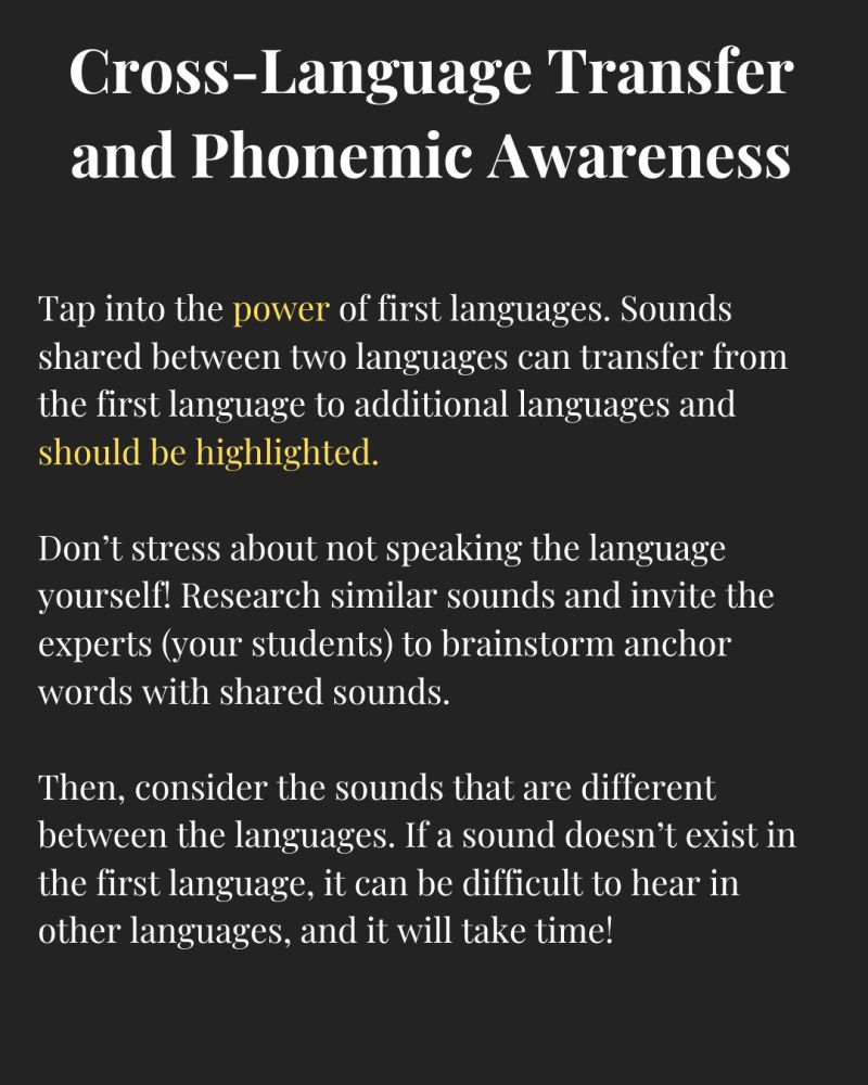 Exploring students' phonemic inventories is key! By understanding their L1 sounds, I can better support their English learning. Cognates boost vocab, while focusing on sounds missing in L1 improves pronunciation. Students❤️teaching me anchor words!
