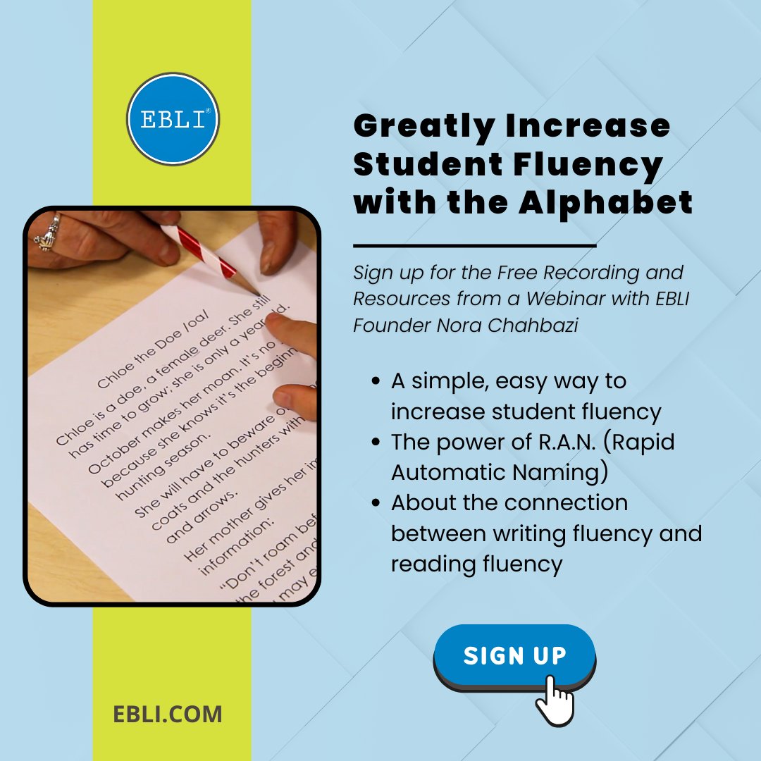 EBLIreads's tweet image. This is one of EBLI's most popular free webinars!

The Greatly Increase Student Fluency with the Alphabet webinar provides teachers and parents with a simple process with video examples to improve handwriting. 

💡bit.ly/EBLI-IncreaseS…

#EBLI #FluencyMatters #EducationTools