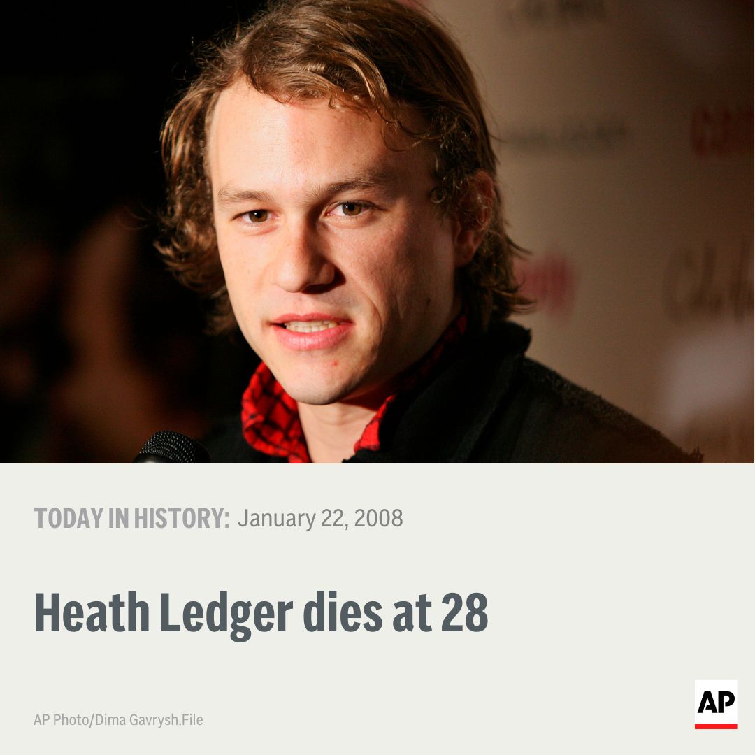 AP's tweet image. On Jan. 22, 2008, actor Heath Ledger, age 28, was found dead of an accidental prescription overdose in a New York City apartment.

Read more about what happened on this date: apnews.com/today-in-histo…