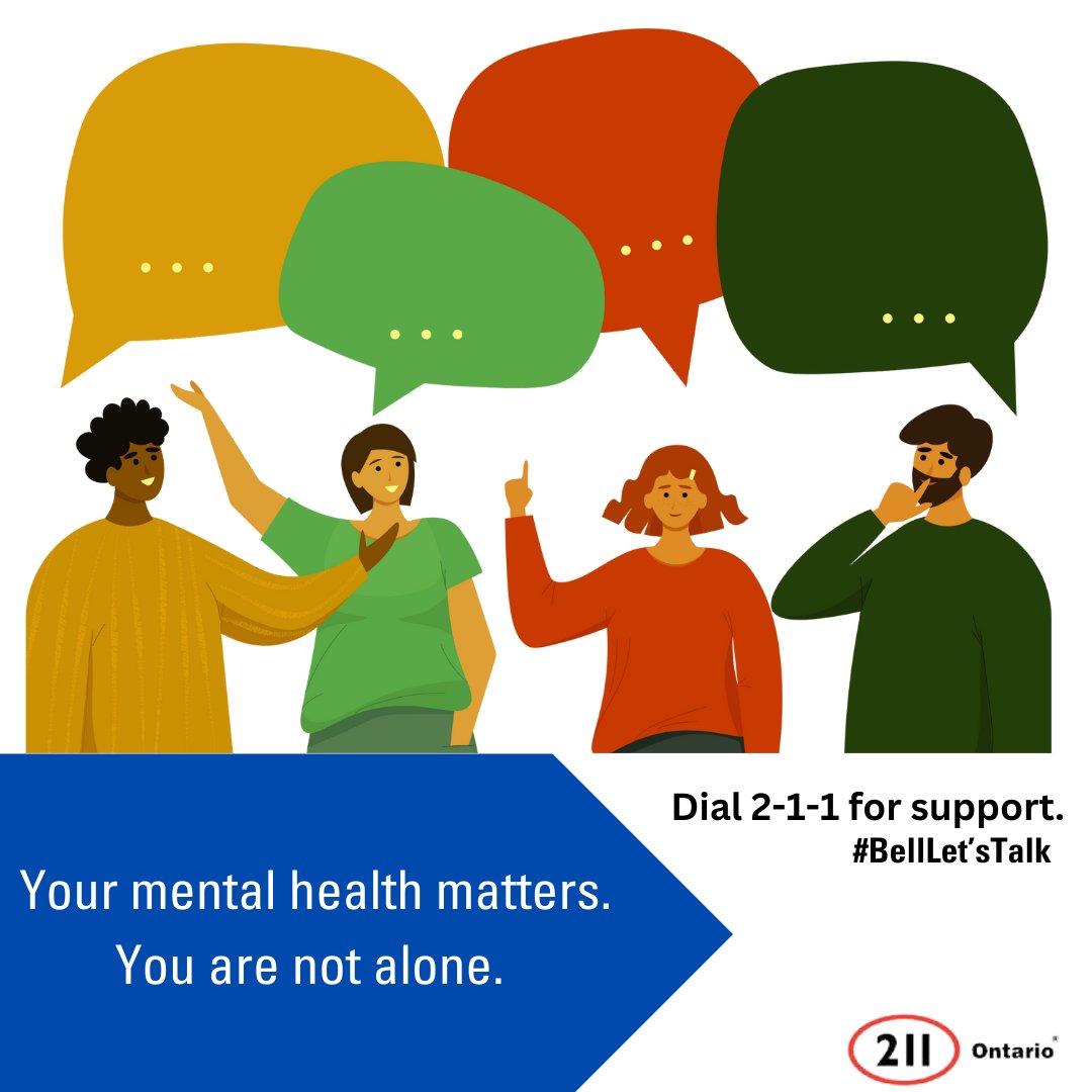 Mental health is just as important as physical health. 💙 On #BellLetsTalk Day, let’s break the stigma and start real conversations about mental wellness. #211ontario #helpstartshere