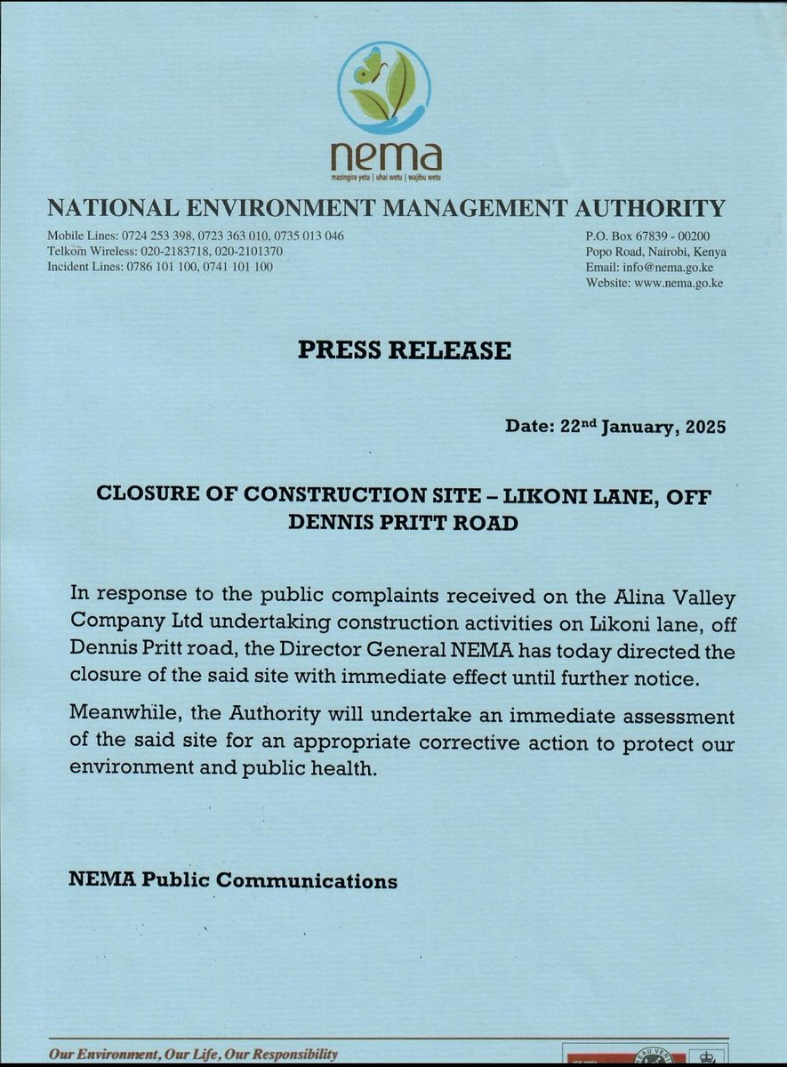 NemaKenya's tweet photo. Press Release: Closure of a construction site-Likoni Lane, Off Dennis Pritt Road @citizentvkenya  @KBCChannel1 @StandardKenya @TheStarKenya @PeopleDailyKe @NationBreaking @KTNNewsKE @K24Tv @Tv47Newske https://t.co/jrzvSqbBDM