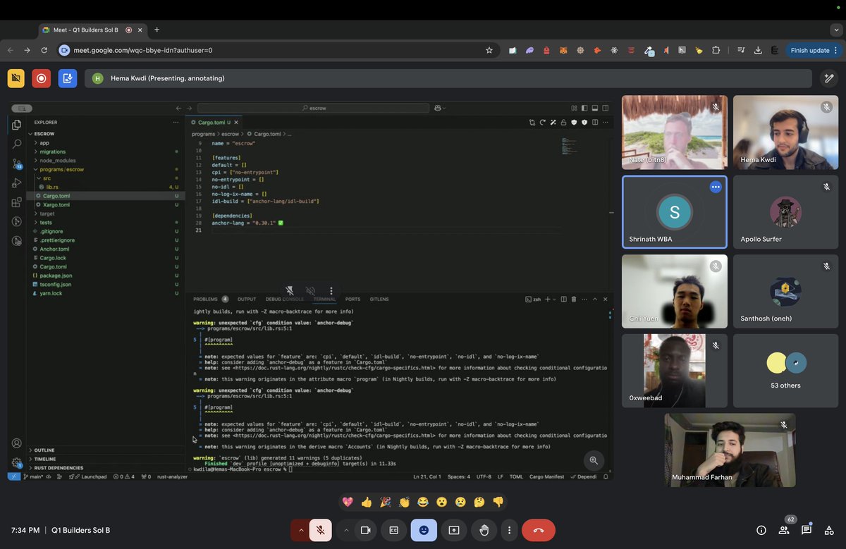 mdfarhan787's tweet photo. Went through Escrow using Anchor with fellow @solana_devs . Shoutout to Hema @kwdila for taking amazing sessions.

Have to learn a lot with @solanaturbine and contribute back to the community. https://t.co/yxwT7BnUnu