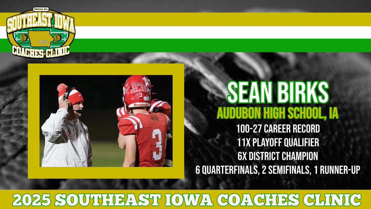 S.E. Iowa Football (@seiowafootball) on Twitter photo 🚨🚨 2025 CLINIC SPEAKER 🚨🚨
Speaker: Sean Birks
School: Audubon High School (IA)
Topic: “From Summer to Postseason: A Week-by-Week Coaching Guide”
Register online at: seiowafootballclinic.com
<a href="/WheelersFB/">Audubon Football</a> 🚨🚨 2025 CLINIC SPEAKER 🚨🚨
Speaker: Sean Birks
School: Audubon High School (IA)
Topic: “From Summer to Postseason: A Week-by-Week Coaching Guide”
Register online at: seiowafootballclinic.com
<a href="/WheelersFB/">Audubon Football</a>