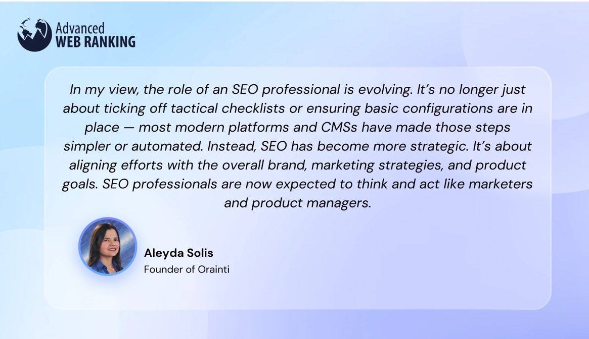 Aleyda Solis ποΈ (@aleyda) on Twitter photo What does the future hold for SEO? I had the chance to share my thoughts in this interview with <a href="/GeoffKennedy/">Geoff Kennedy</a> for <a href="/awebranking/">Advanced Web Ranking</a> going through:
* About Google losing its dominant search market share anytime soon
* Googleβs SERPs changes
* Changes in the role of SEO What does the future hold for SEO? I had the chance to share my thoughts in this interview with <a href="/GeoffKennedy/">Geoff Kennedy</a> for <a href="/awebranking/">Advanced Web Ranking</a> going through:
* About Google losing its dominant search market share anytime soon
* Googleβs SERPs changes
* Changes in the role of SEO