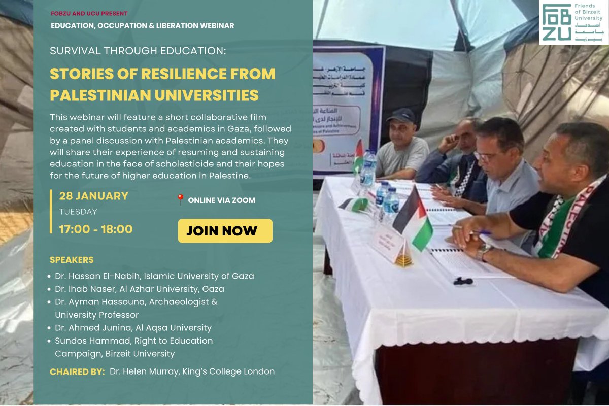 📚 Join us for a screening and a panel at Survival through Education: Stories of Resilience from Palestinian Universities, a webinar in our EOL series, in collaboration with <a href="/ucu/">UCU</a> 

📅Tuesday, 28 January
⏲️17:00 to 18:00 GMT
📍Online

Register now: bit.ly/4g2RMBe