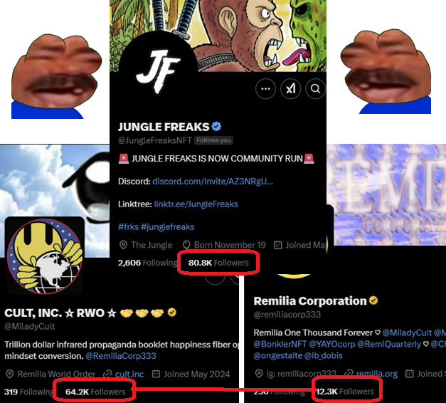 It's weird that the two main accounts of Milady + Remilia barely beat Jungle Freaks follower count 

There's life in the old girl yet, always has been

Divinely chosen by heaven