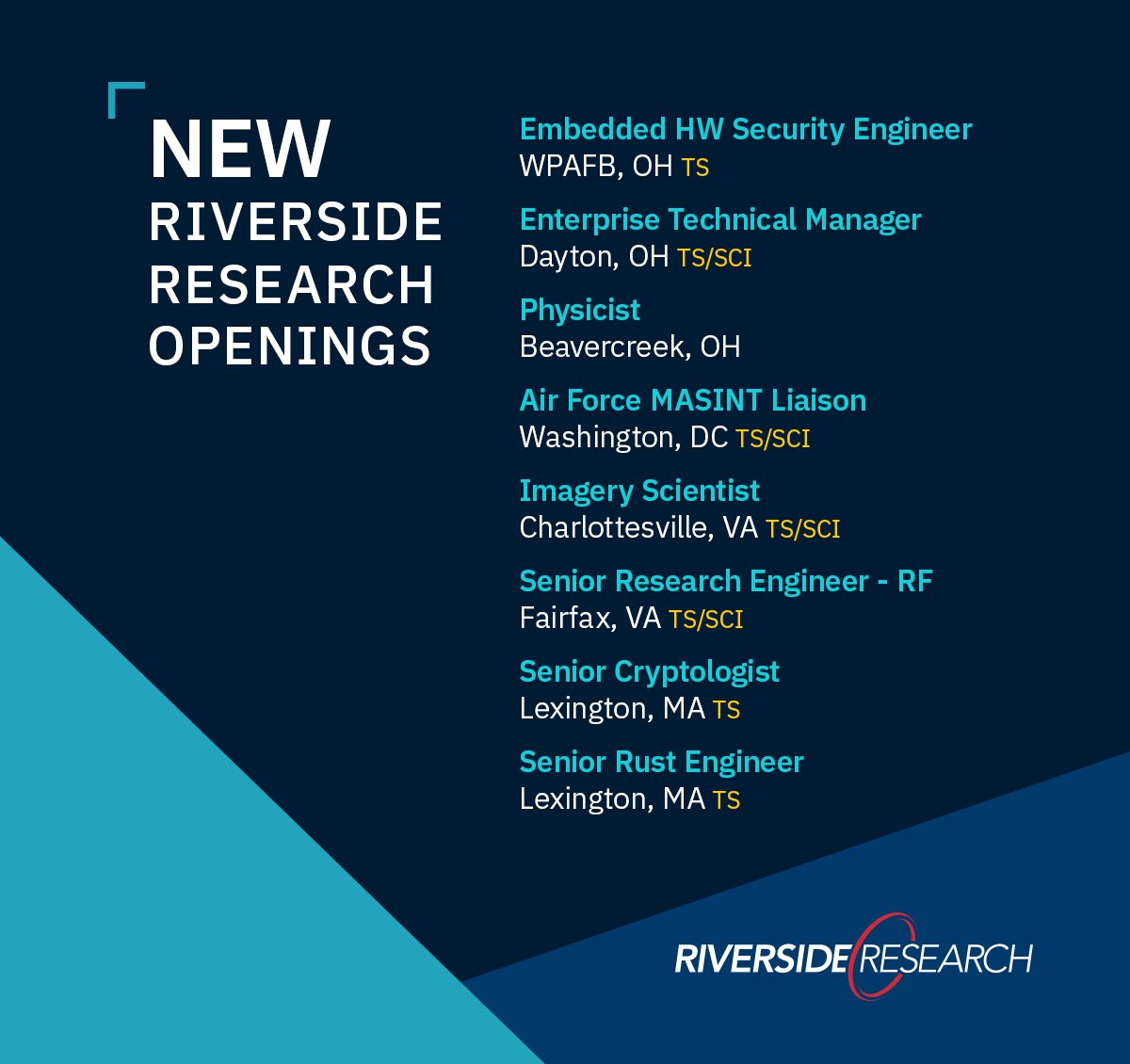 It’s a new year – how about a new #career? Riverside Research is #hiring! Learn more and apply: riversideresearch.org/careers  #Cryptology #Physics #MASINT #STEMJobs