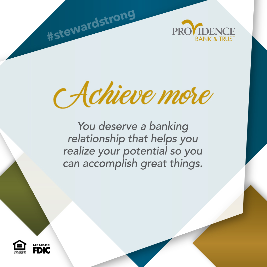 Providence Bank &amp; Trust is about service, as a bank &amp; as a member of the communities we serve. We work together to build a brighter future for our customers, the neighborhoods that depend on us &amp; our team. Read about Our Why &amp; Our Mission at bit.ly/3rHme0q #stewardstrong