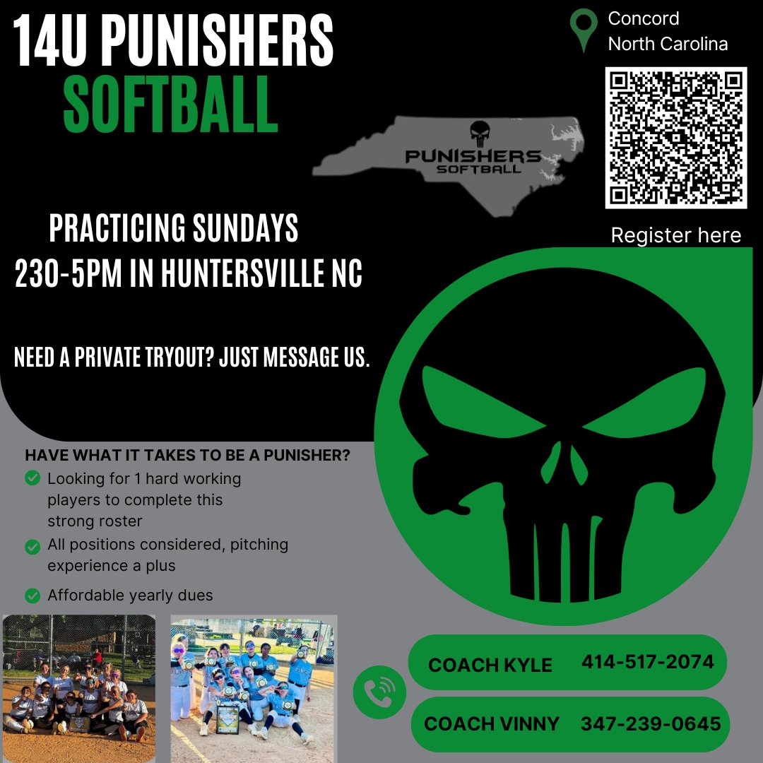 Our Black 14u team is looking for one more young lady to round our their team. Reach out to schedule a tryout.

#punisherssoftball
#punishersblack