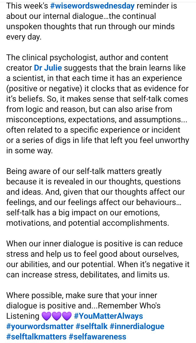 SuzieYMA's tweet photo. This week's #wisewordswednesday reminder is about our internal dialogueβ¦the continual unspoken thoughts that run through our minds every day #YouMatterAlways #yourwordsmatter #selftalkmatters #selfawareness #practicemakesprogress #progressmakespossibilities #WednesdayWisdom https://t.co/kqoHf2dW4G