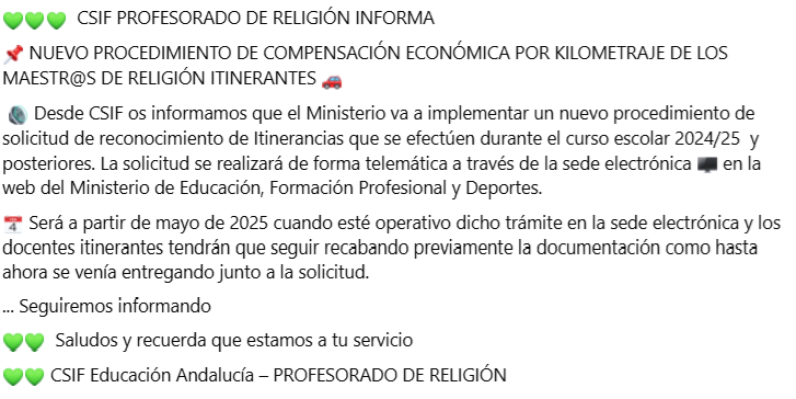 📌NUEVO PROCEDIMIENTO DE COMPENSACIÓN ECONÓMICA POR KILOMETRAJE DE LOS MAESTR@S DE RELIGIÓN ITINERANTES🚗🚙

facebook.com/CSiF.RELIGION/…

#CSIFEducaciónAndalucía
#OrgullososDeSerDocentesDeReligión
📷Si tú no te conformas, nosotros tampoco📷
📷📷
#TodoxTodos #DocentesdeReligión