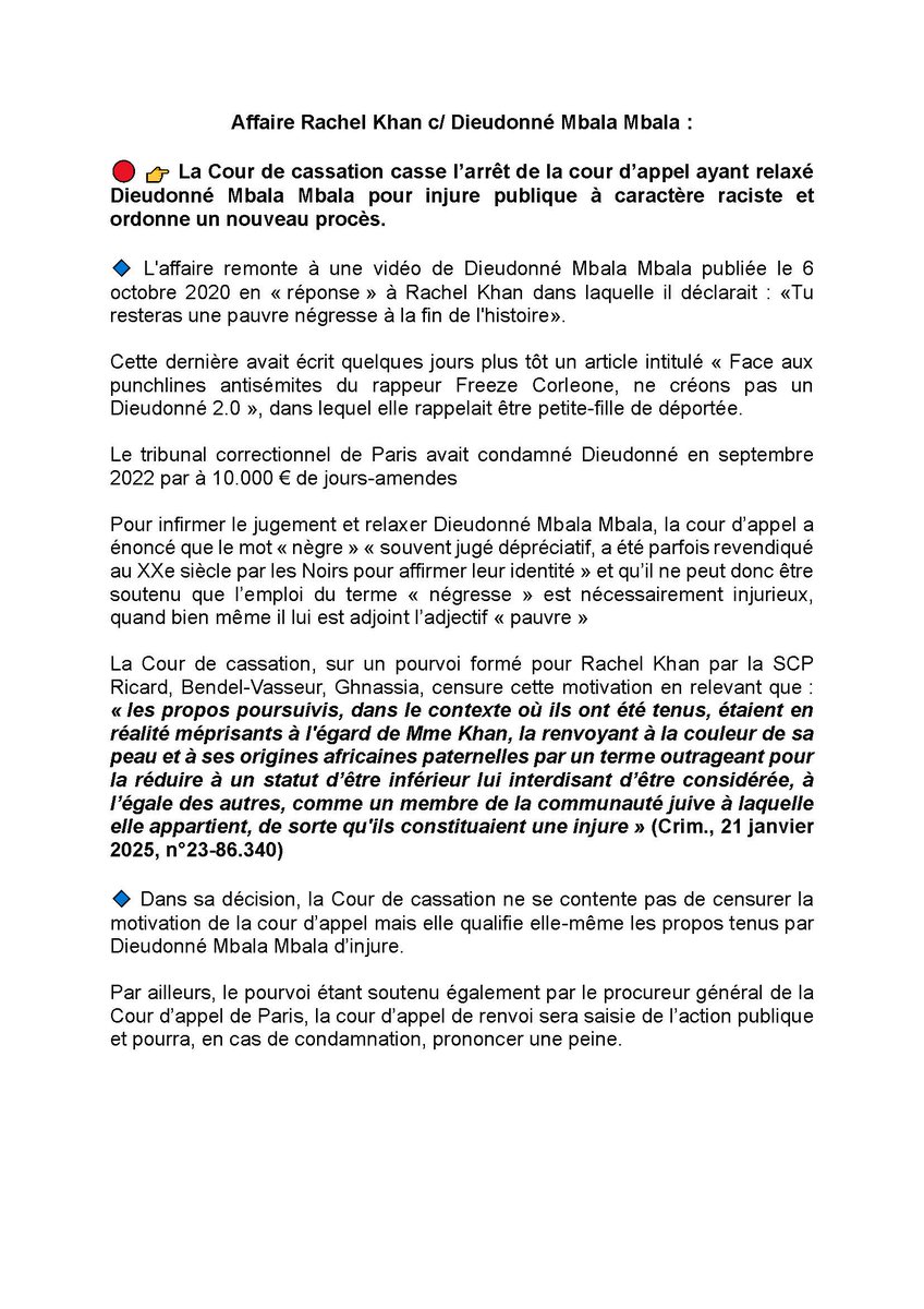 Michaël Ghnassia (@michaelghnassia) on Twitter photo Affaire Rachel Khan c/ Dieudonné : La Cour de cassation casse l'arrêt de la cour d'appel de Paris et ordonne un nouveau procès (Crim. 21 janvier 2025, n°23-86.340)leparisien.fr/faits-divers/d… via <a href="/le_Parisien/">Le Parisien</a> Affaire Rachel Khan c/ Dieudonné : La Cour de cassation casse l'arrêt de la cour d'appel de Paris et ordonne un nouveau procès (Crim. 21 janvier 2025, n°23-86.340)leparisien.fr/faits-divers/d… via <a href="/le_Parisien/">Le Parisien</a>