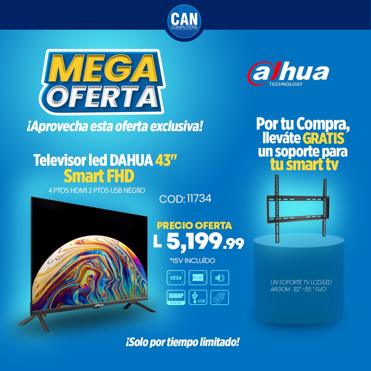Cancomputers's tweet photo. 📺 ¡MEGA OFERTA DE INICIO DE AÑO🤩❤

✨ Televisor LED DAHUA 43" SMART FHD
🔌 4 puertos USB | Color negro 🖤
🎁 ¡Incluye GRATIS! Soporte Argom para TV LCD/LED 32"-55" 🔧
¡No dejes pasar esta oportunidad!

#PROMO #MEGAOFERTA #CanComputers 🤩🥳 https://t.co/1vXtabf8BL