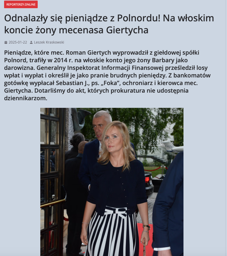 LKraskowski's tweet photo. Pieniądze, które mec. Roman #Giertych wyprowadził z giełdowej spółki #Polnord, trafiły w 2014 r. na włoskie konto jego żony Barbary jako darowizna. Generalny Inspektorat Informacji Finansowej prześledził losy wpłat i wypłat i określił je jako pranie brudnych pieniędzy. Z bankomatów gotówkę wypłacał Sebastian J., ps. „Foka”, ochroniarz i kierowca mec. Giertycha. Dotarliśmy do akt, których prokuratura nie udostępnia dziennikarzom.
https://t.co/ENSHL73TWk